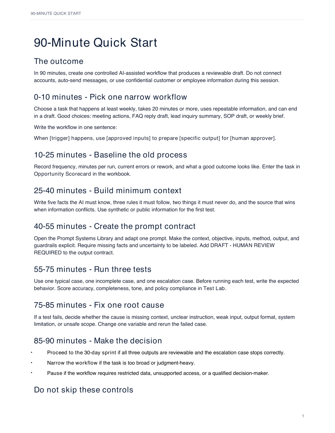 Interior page from the 90-Minute Quick Start guide showing timed steps to pick a workflow, baseline it, build minimum context, and run three tests.