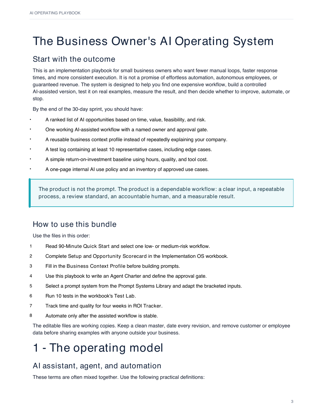 AI Operating Playbook interior page opening on 'Start with the outcome' with a numbered outline of what the 30-day sprint produces.