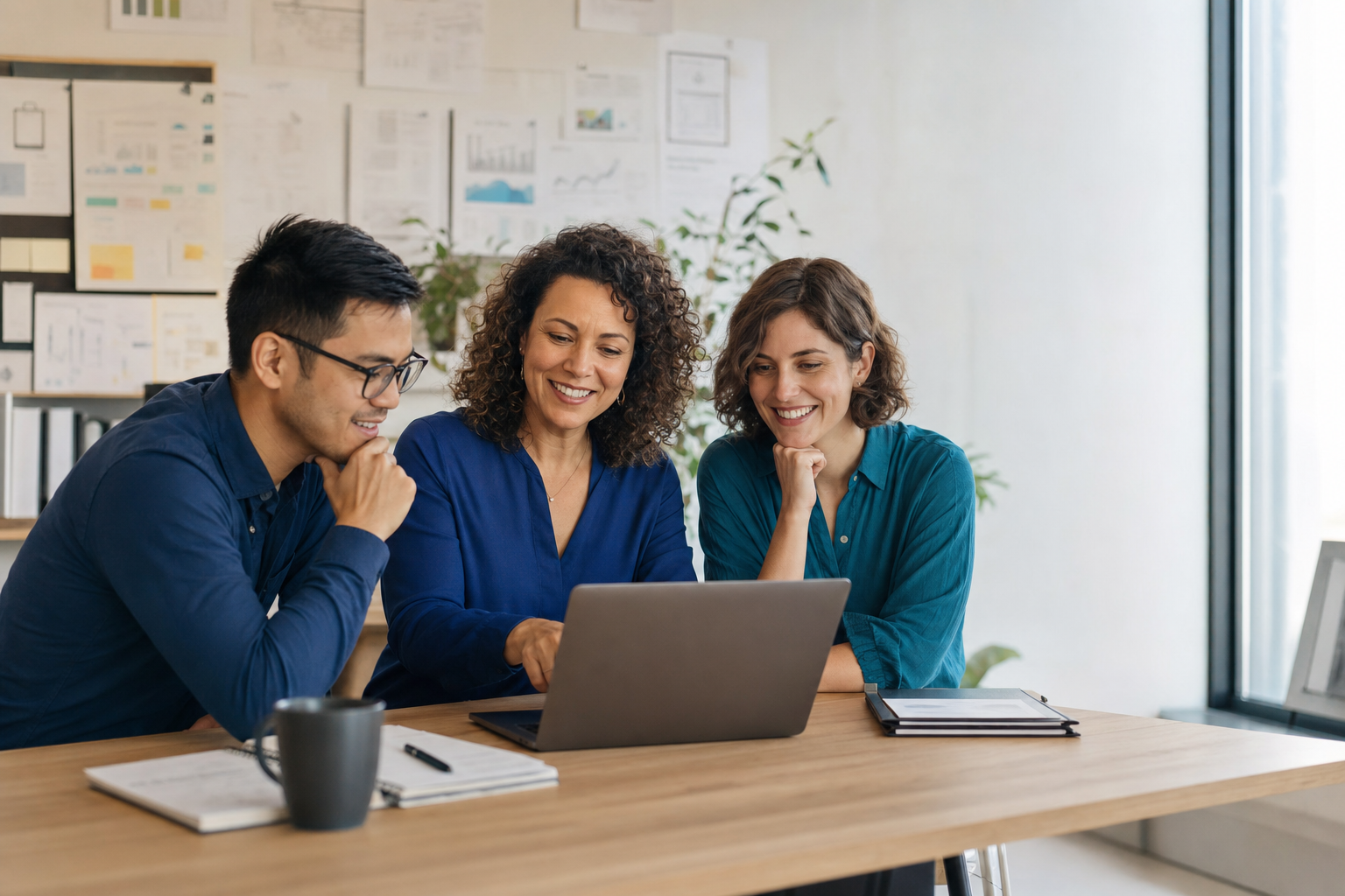 A small-business owner and two teammates reviewing a completed workflow on a laptop together.