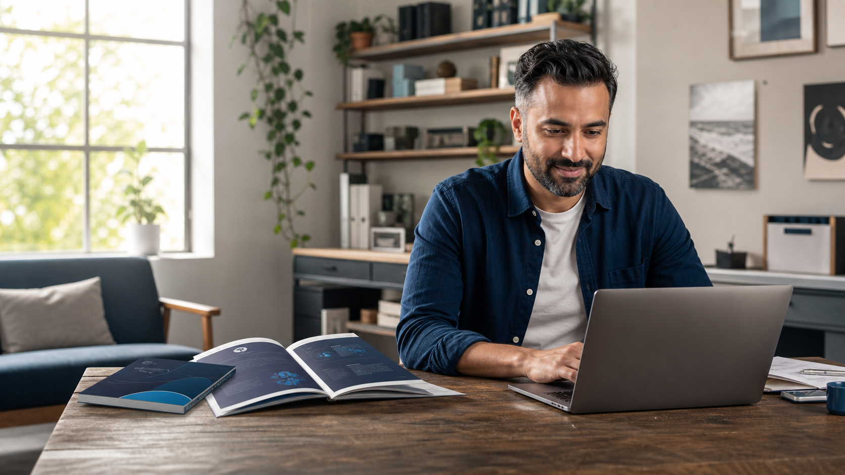 A small-business owner smiling while working at a wooden desk with a laptop and an open Ownerframe implementation guide.